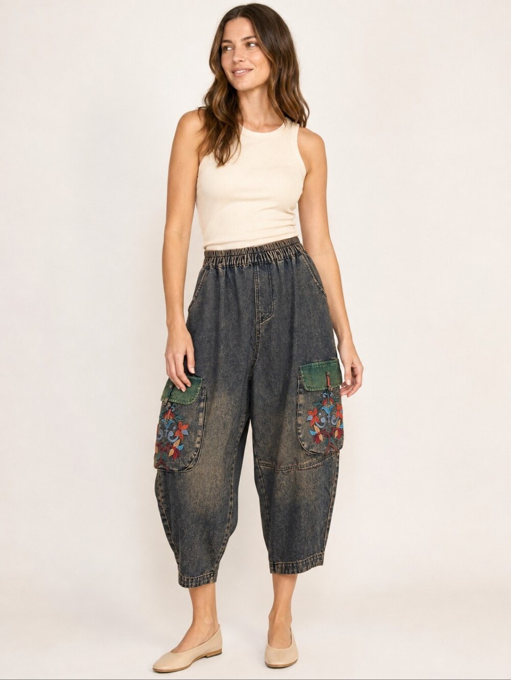 Embroidered Acid Wash Denim Cargo Barrel Pants M/L Boho